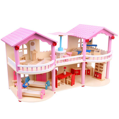 24cm rosa Mini Wooden Doll House Toys traditionelles gefärbt