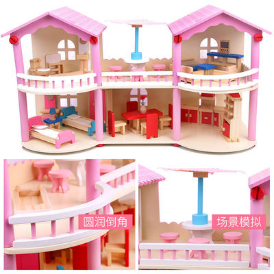 24cm rosa Mini Wooden Doll House Toys traditionelles gefärbt