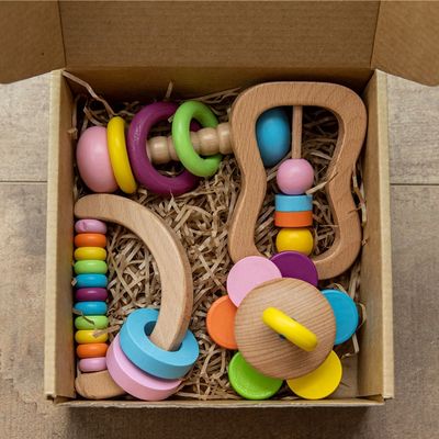 Geklapper Soother 11.6cm hölzerner Grad Zahnenstoy wooden rattle teether food
