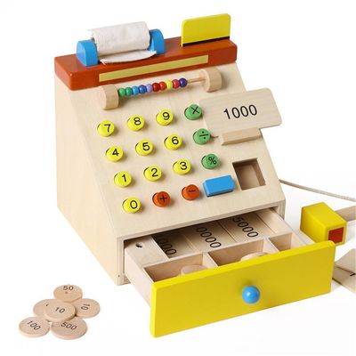 Kindertäuschen hölzerne Simulations-Registrierkasse Spiel-Spielwaren vor