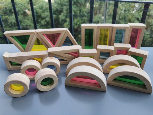 Hölzernes Toy Sensory Rainbow Mirror Blocks Vollgummi-Holz Kind- Montessori, das Acryl-Buliding-Stapler pädagogisch stapelt