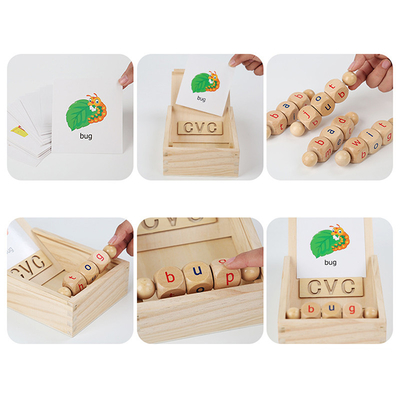 Hölzerne Lesung Montessori blockiert das drehende Buchstabe-spinnende Alphabet-Lernen