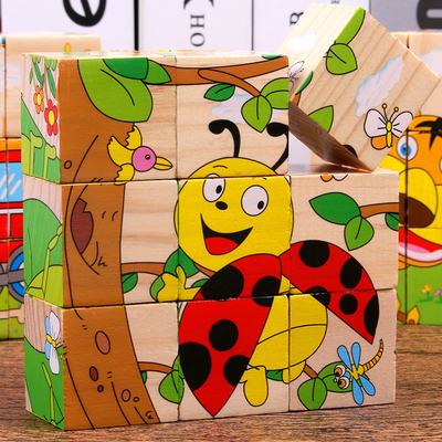 Baby-Holzklotz spielt die Tier- Frucht, die sechs Seiten-Laubsäge des Würfel-lernend 3D früh ist