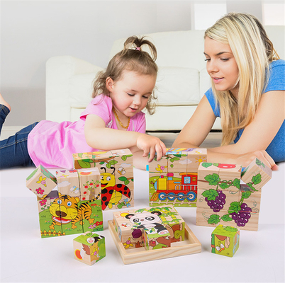 Baby-Holzklotz spielt die Tier- Frucht, die sechs Seiten-Laubsäge des Würfel-lernend 3D früh ist