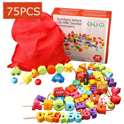 hölzerner Zahl-Buchstabe-perlenbesetztes Seil-Spiel des Stadtverkehr-75Pcs, das den Durchzug aufreiht