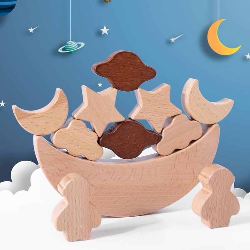 Die Spielwaren-Holzklotz-Stern-Mond Montessori-Kinder stapelte pädagogischer Block-hölzernen Toy Diy Baby Balance Training-Betrug